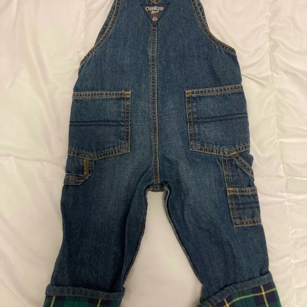 OshKosh Kids 18M Blue Jean Denim Green Plaid Check Lined Cuff Overalls